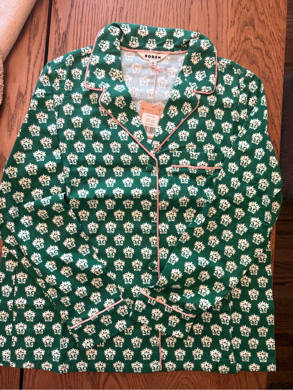 Boden Brushed Cotton Pajama Top with Pink Trim